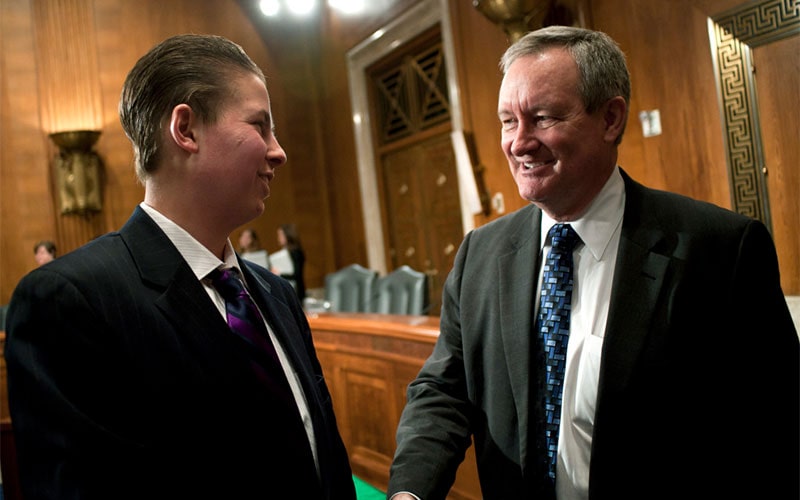 Trevor Schaefer, youth ambassador and founder of Trevor's Trek Foundation meets with Senator Mike Crapo (R-ID) following his testimony before an Environment and Public Works Committee during a hearing on "Oversight Hearing on Disease Clusters and Environmental Health."